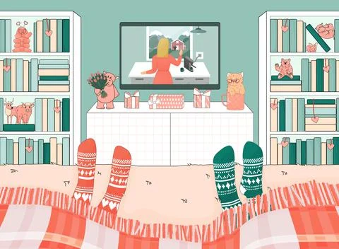 Two people are on the bed under a blanket. Room is decorated for Valentine's  Stock Illustration