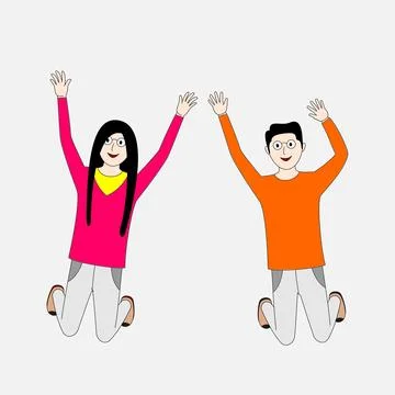 Two people are jumping up and down, one is wearing a pink shirt Stock Illustration