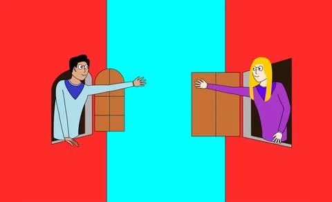 Two people are looking out of a window, one of them is waving Illustrazione stock