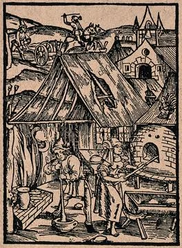 Two people are making bread in a great brick-built oven. Process print. Stock Illustration