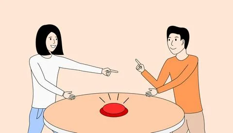 Two people are playing a game of pointing at a red button on a table Stock Illustration