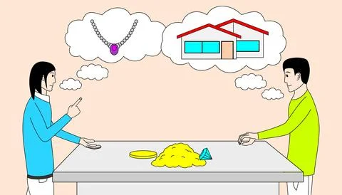 Two people are sitting at a table, one of them is trying to take a gold Illustrazione stock