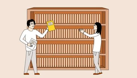 Two people are standing in front of a bookshelf, one of them holding a book Illustrazione stock