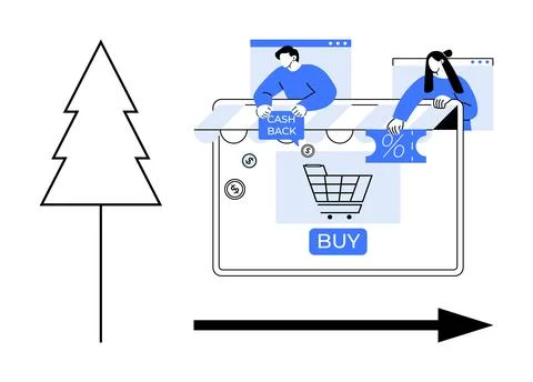 Two people are using a website for online shopping with discount offers, surr Illustrazione stock