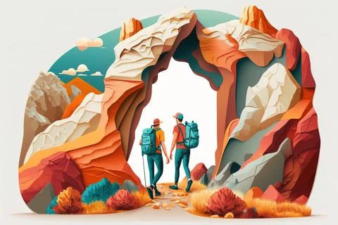 Two people with backpacks are walking through a cave in the mountains with .. Stock Illustration