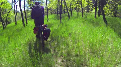 Two people on bicycles driving on a forest path. First-person view. Stock Footage 37874872