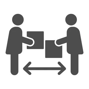 Two people with boxes and distance arrow solid icon, Corona downturn concept イラスト素材