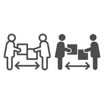 Two people with boxes and distance arrow line and solid icon, Corona downturn イラスト素材