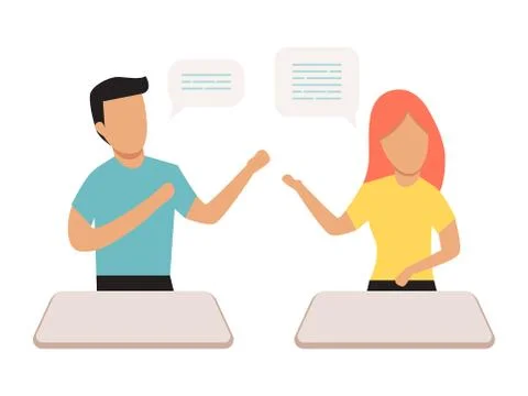 Two people chat with speech bubbles. Cartoon characters speak bubble empty text Stock Illustration