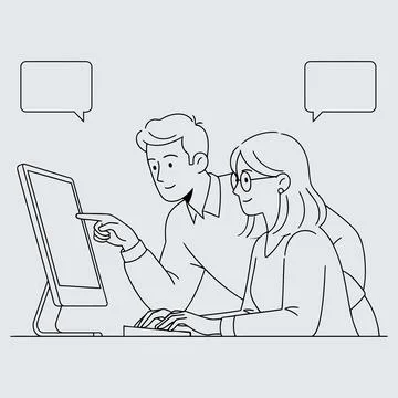 Two people collaborating on a computer discussing ideas in an office setting Stock Illustration