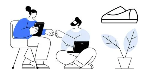 Two people collaborating with electronic devices, one sitting on a chair with Stock Illustration