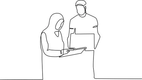 Two people collaborating on laptop together Vector Stock Illustration