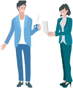 Two people communicate in office during break. Man and woman talk, spend time イラスト素材