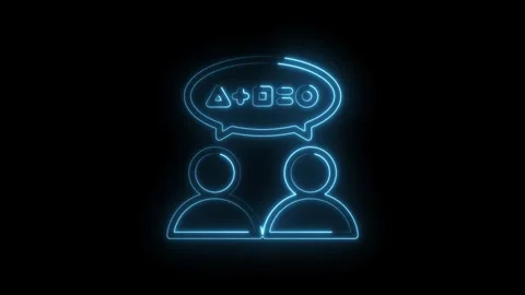 Two people communicating with abstract symbols in a neon blue speech bubble over Stock Footage 333958232