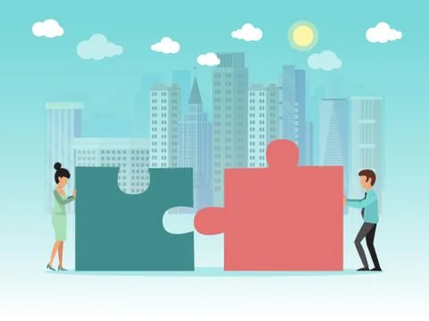 Two people connecting puzzle elements vector illustration. Teamworks puzzle Stock Illustration