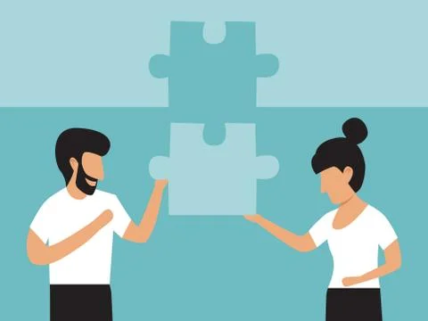 Two people connecting puzzle elements vector illustration. Teamworks puzzle 库存插图