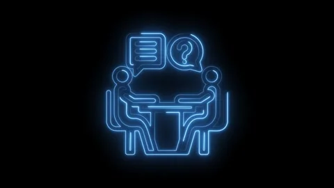 Two people in conversation at a table with speech bubbles one question mark neon 動画素材 333957948