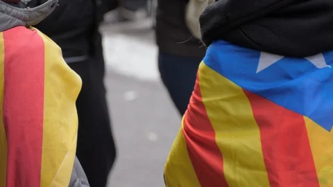 Two people covered by the Catalan Flag in their shoulders in a Demonstration Stock Footage 106730261