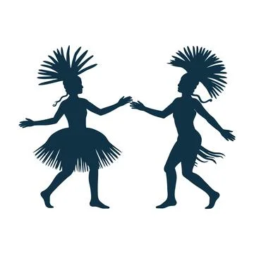 Two people dancing in traditional feathered headdresses, dark silhouette on.. Stock Illustration