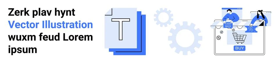 Two people at a desk discussing data text documents with letter T gears symbo Stock Illustration