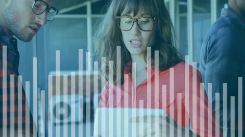 Two people discussing data on tablet with bar graph animation overlay Stock Footage 327587496