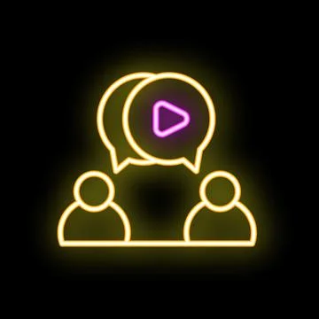 Two people discussing video content under speech bubbles with play button neo Stock Illustration