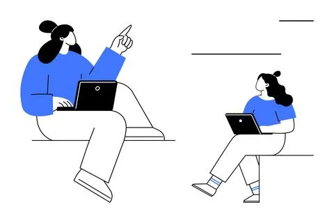 Two people discussing work on laptops while sitting, minimalist design 스톡 일러스트