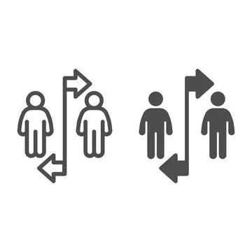 Two people divided with line and arrows line and solid icon, social distancing 스톡 일러스트