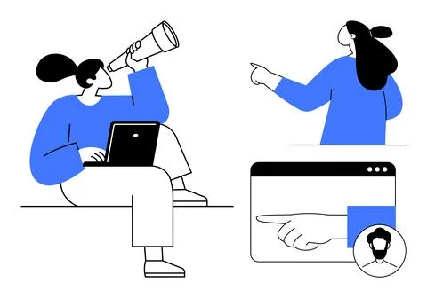 Two people engage in different activities. One uses a telescope while working Stock Illustration