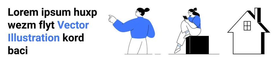 Two people engage in different activities next to text reading Vector Illustr Stock Illustration
