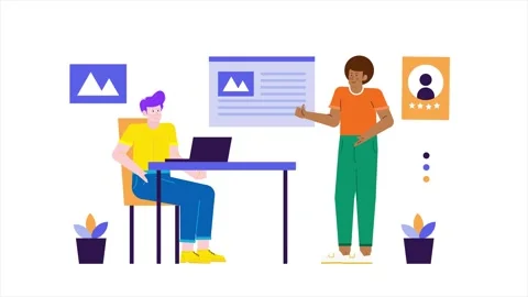 Two people engage in discussion with chart presentation illustration business Video stock 281825297