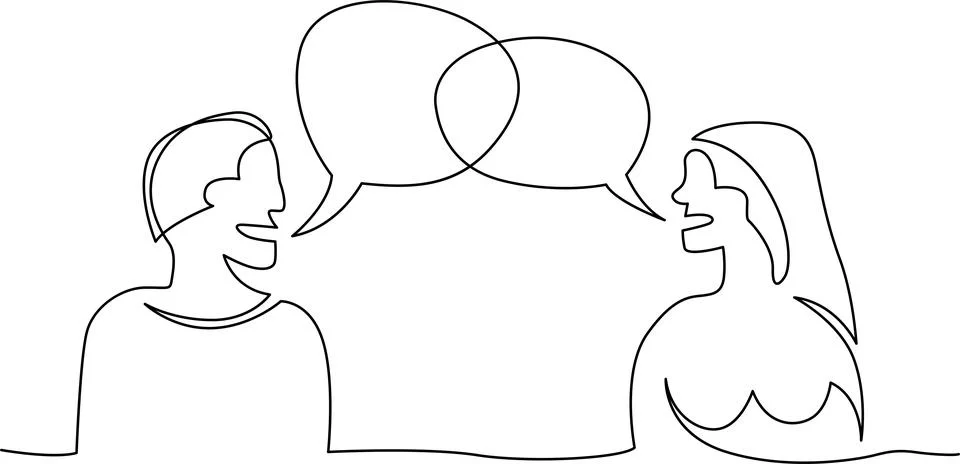Two people engaged in a conversation with speech bubbles above their heads .. Stock Illustration