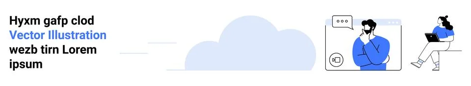 Two people engaged in remote work communication via laptops. Cloud computing, Illustrazione stock