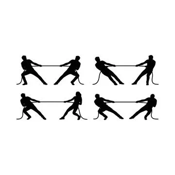 Two People Engaged in Tug of War Activity with Rope in Various Dynamic Poses Stock Illustration