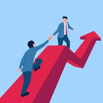Two people help each other climb a graph that rises to the top, a metaphor .. Stock Illustration