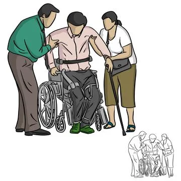 Two people helping handicapped man to sit on wheelchair vector illustration s イラスト素材