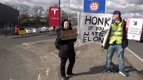 Two People Hold A Banner That Reads “Honk If You Hate Elon” In Front Of A Tesla Stock Footage 304865835