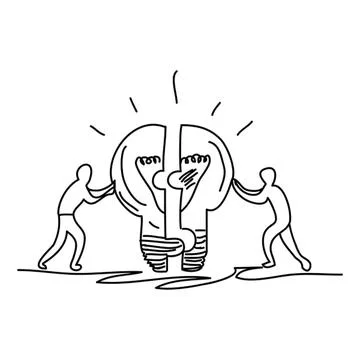 Two people holding a broken light bulb with a brain inside Stock Illustration