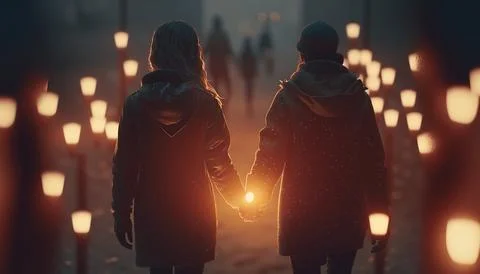 Two people holding hands walking through a field of candles with a light in.. Stock Illustration