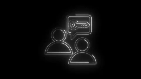 Two people icons with a key in a speech bubble glowing neon white on black Stock Footage 333959550