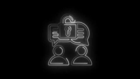 Two people icons with speech bubbles and an unlocked padlock symbol glowing Video stock 333962114