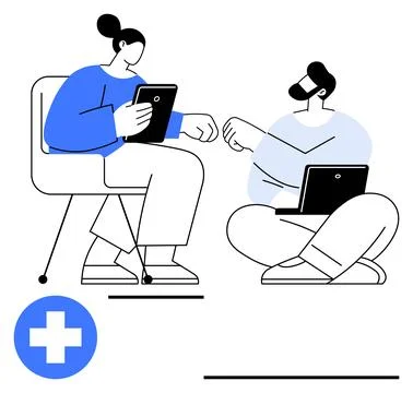 Two people interact using tablets, one seated, one cross-legged holding a lap 스톡 일러스트