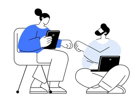 Two people interacting with digital devices, sitting on chair and floor, us.. Illustrazione stock