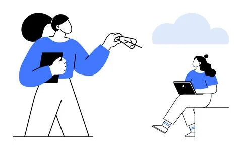 Two people interacting standing person holding a paper plane, seated person o Stock Illustration