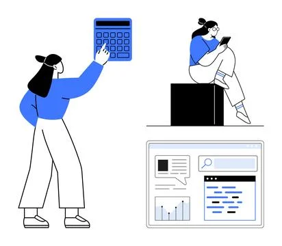 Two people interacting with technology one using a calculator, another with a Illustrazione stock