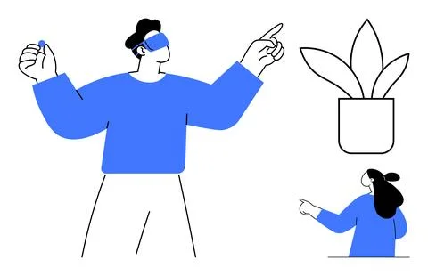 Two People Interacting with Virtual Reality Headsets in Minimalist Setting Stock Illustration