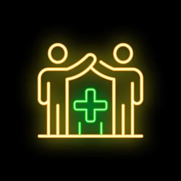 Two people joining hands over hospital building neon icon Illustrazione stock