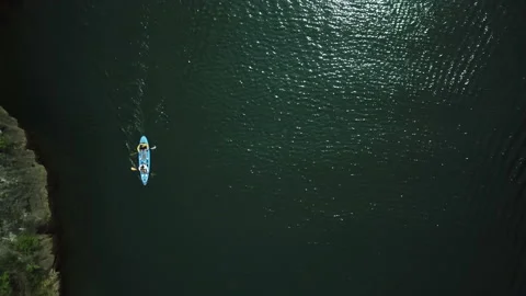 Тwo people kayaking, bird's-eye view, Matka Canyon Stock Footage 142000734