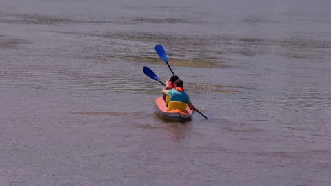 Two people kayaking together along calm river Stock Footage 342664329