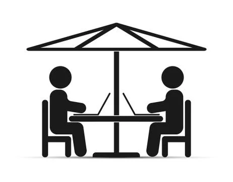 Two people with laptops sitting at a table under an umbrella Stock Illustration